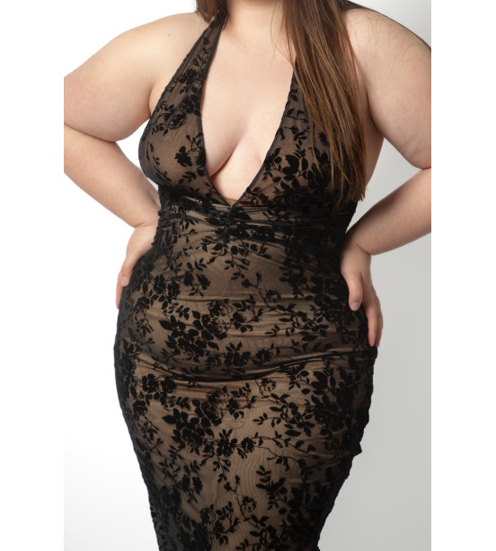 Vestido de Forro Bege com Apontamentos em Veludo