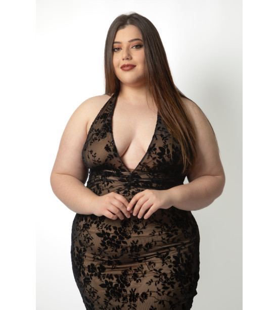 Vestido de Forro Bege com Apontamentos em Veludo