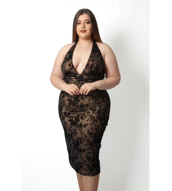 Vestido de Forro Bege com Apontamentos em Veludo