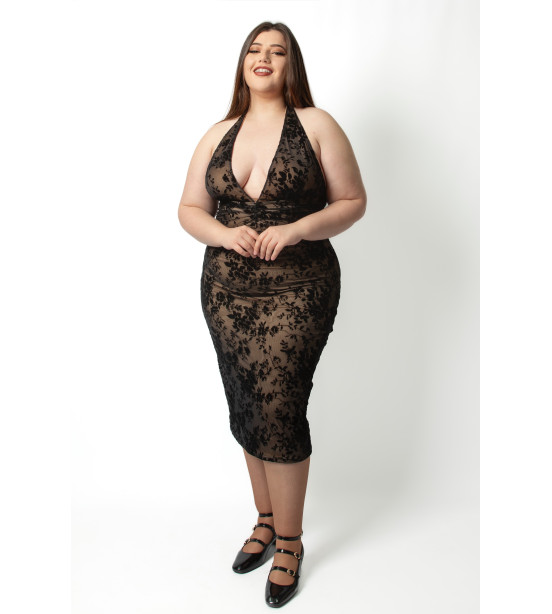 Vestido de Forro Bege com Apontamentos em Veludo