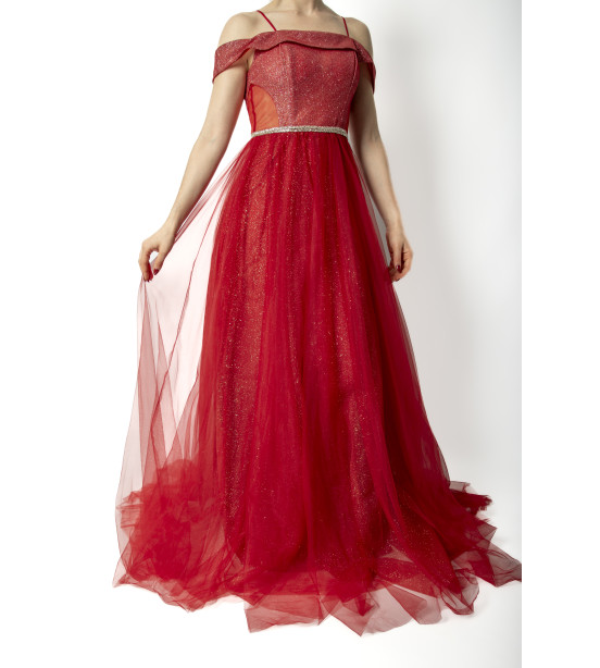 Vestido Bordô em Tule com Brilhos