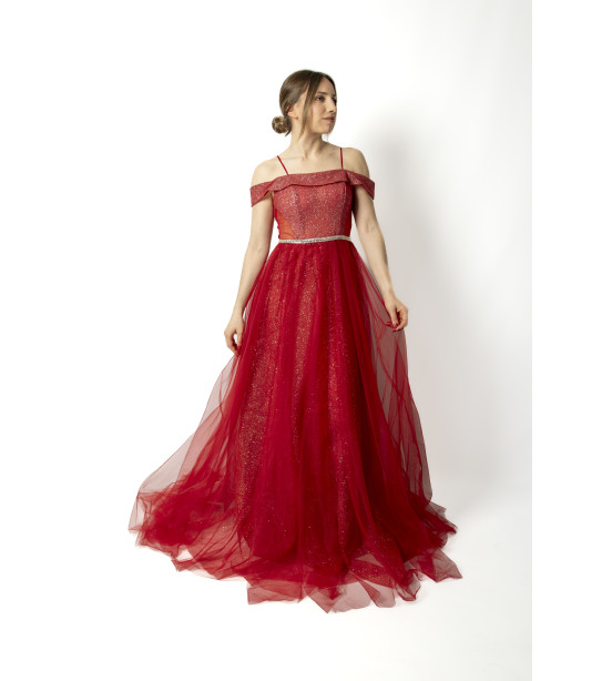 Vestido Bordô em Tule com Brilhos