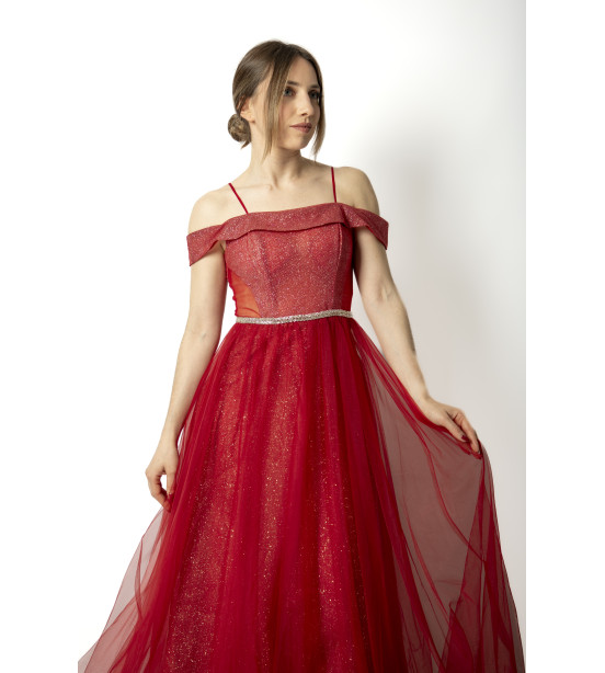 Vestido Bordô em Tule com Brilhos