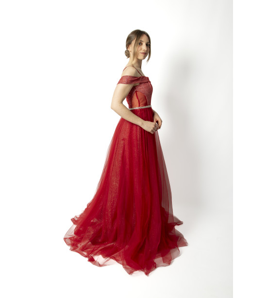 Vestido Bordô em Tule com Brilhos